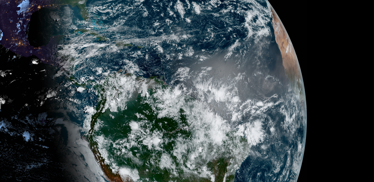 GOES satellite view of tropical convection over the Atlantic, South America, and West Africa